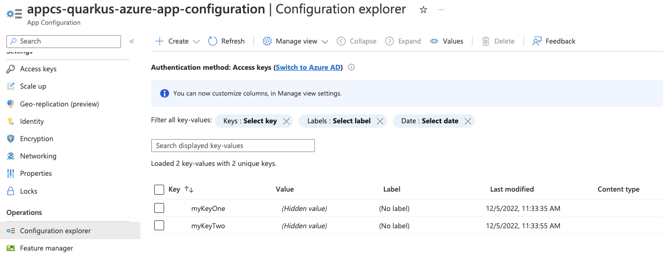 Azure Portal showing the app configuration