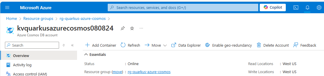 Azure Portal showing the Azure Cosmos DB account