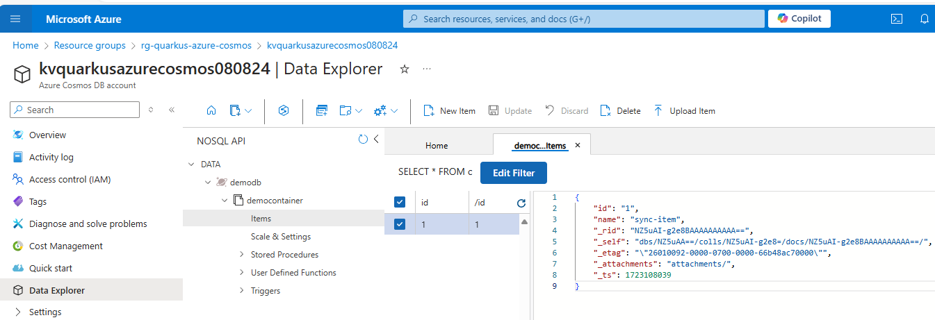 Azure Portal showing the content of item created with the CosmosClient object