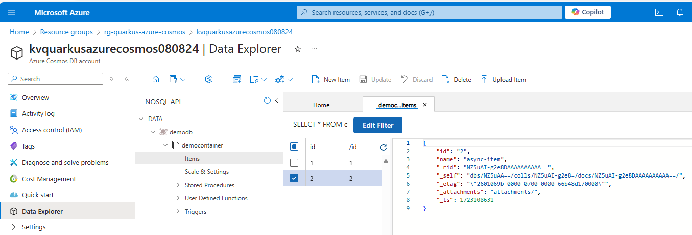 Azure Portal showing the content of item created with the CosmosAsyncClient object