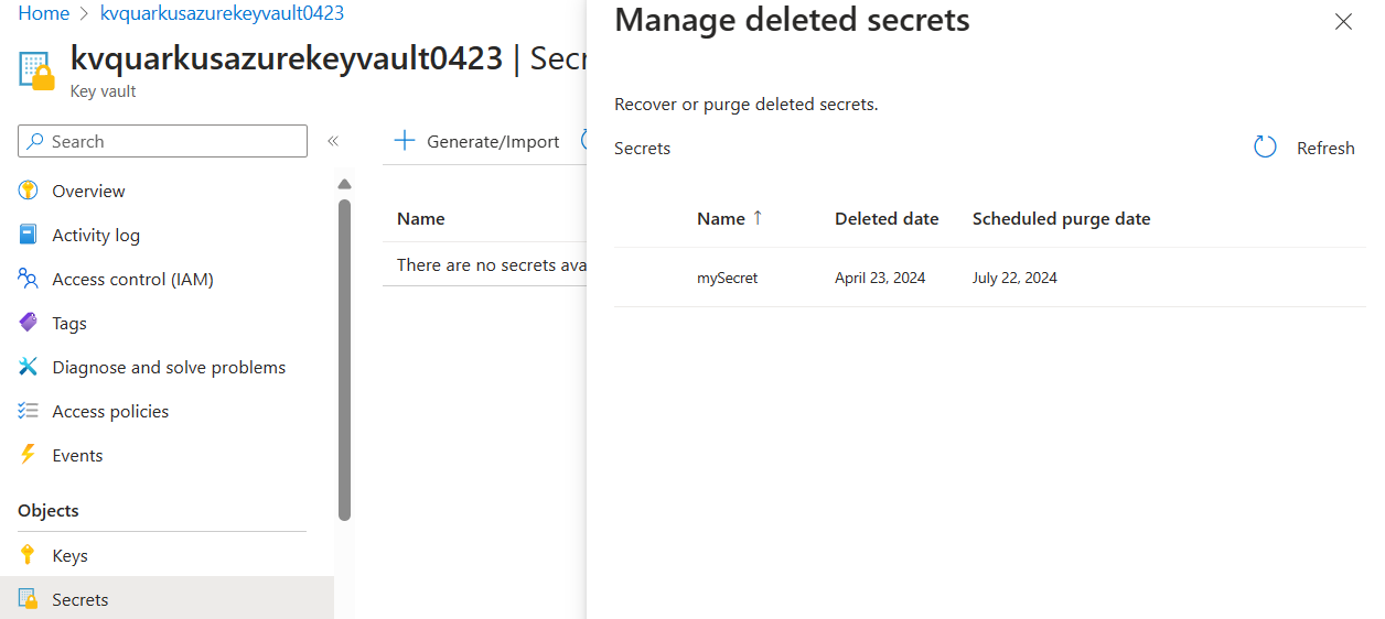 Azure Portal showing the deleted secrets