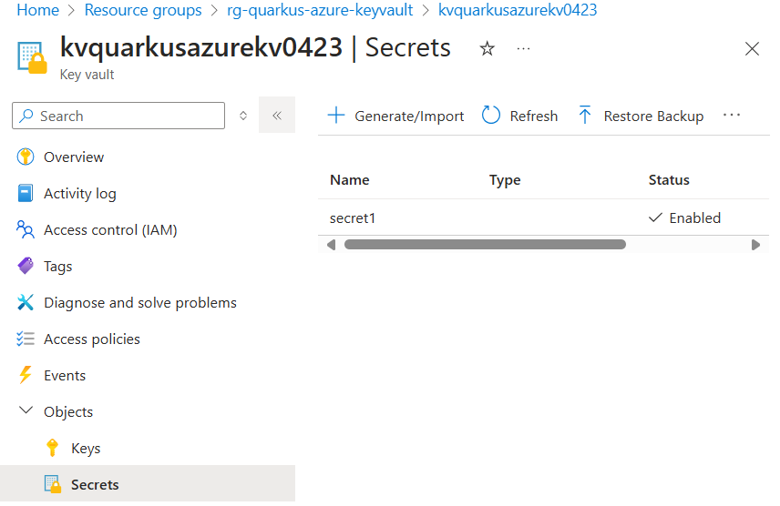 Azure Portal showing Key Vault Secrets