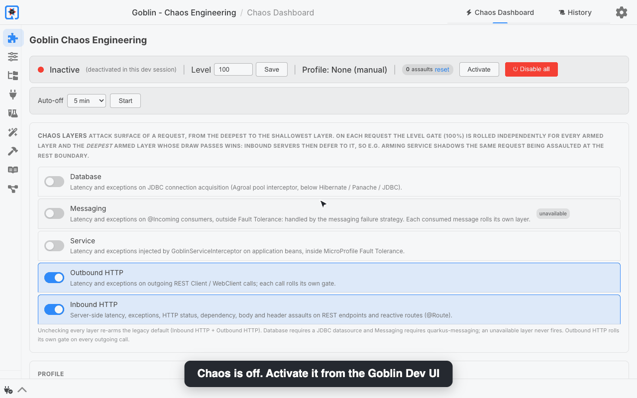 Goblin in action: latency then an exception switched on from the Dev UI