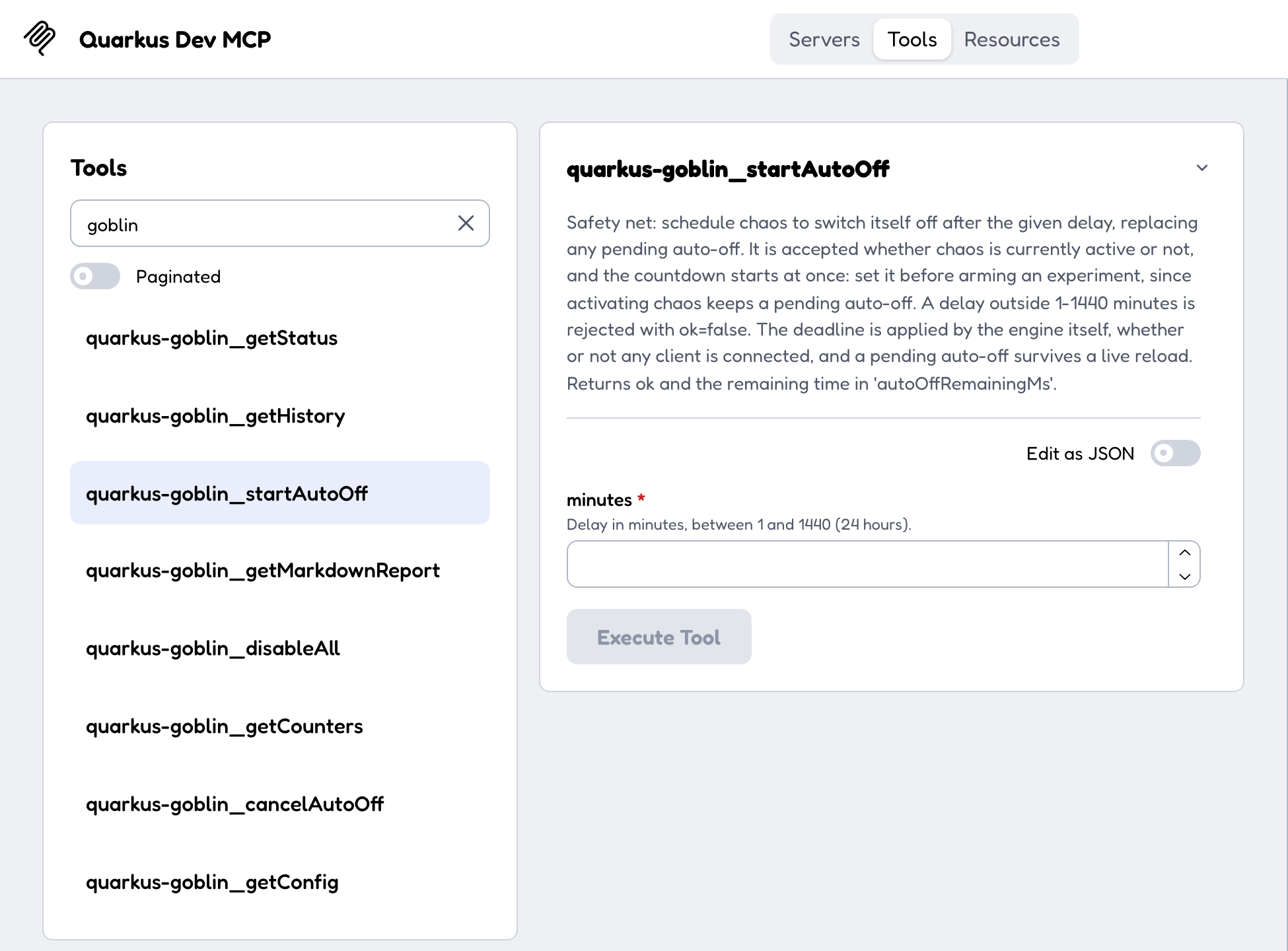 The Goblin tools seen from the MCP Inspector: the eight tools enabled by default
