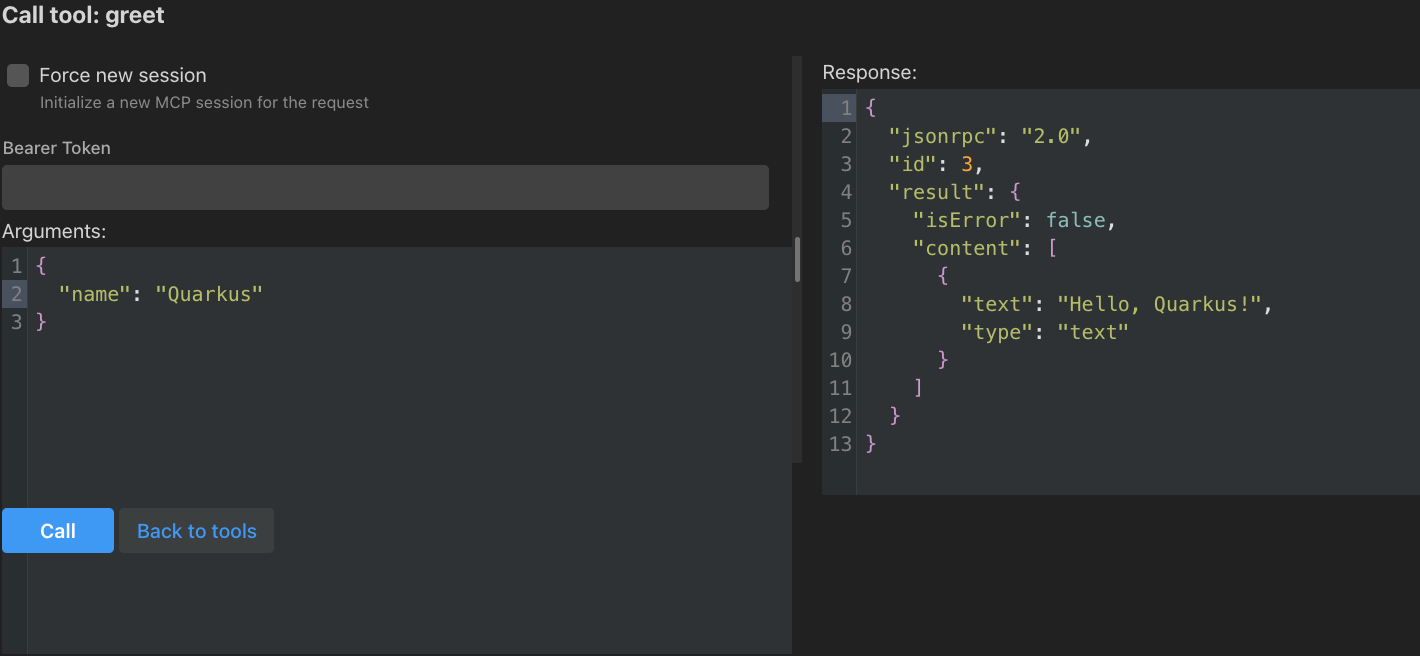 Calling the greet tool from Dev UI