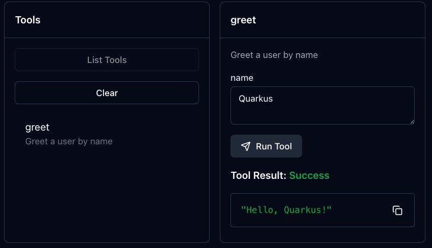 Invoking the greet tool via HTTP
